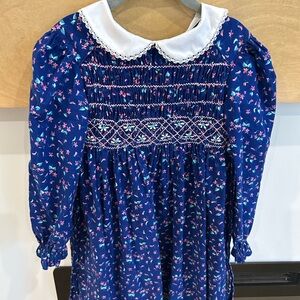 Polly Flinders Vintage Girls Blue Smocked Floral Dress